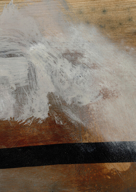 Abstract painting with horizontal bands of white, brown, rust, and black paint strokes on a textured surface.