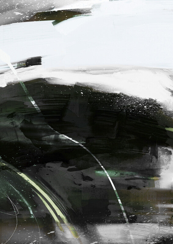 Abstract artwork featuring overlapping brushstrokes in white, black, and dark green on a textured surface.