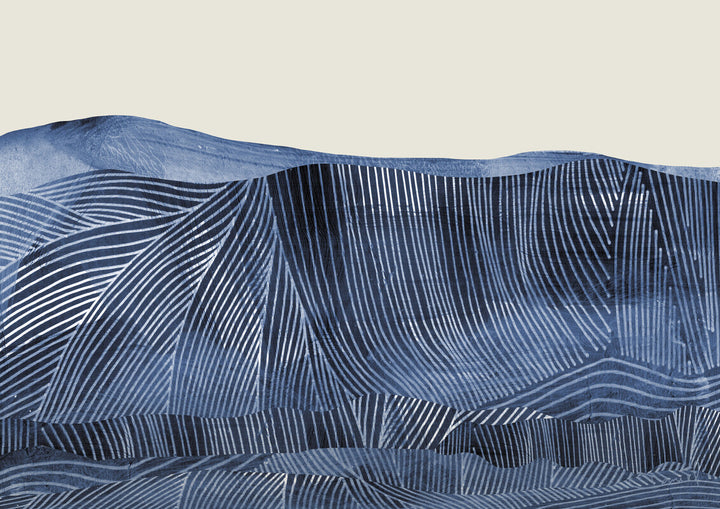 Abstract artwork titled "Crash" by Dan Hobday featuring layered blue and white linear patterns creating a three-dimensional mountainous landscape.
