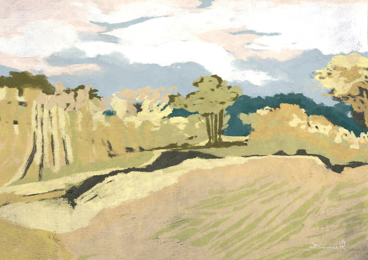A rural landscape with plowed fields, trees, and distant hills under a cloudy sky in muted greens, yellows, and blues.