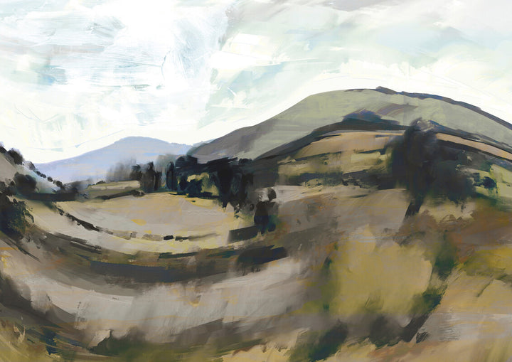 A valley landscape with rolling hills, rendered in muted greens, browns, grays, and whites with loose brushwork.