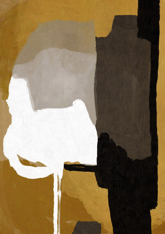 Abstract composition featuring white, black, brown, and golden yellow shapes arranged on a ochre background.