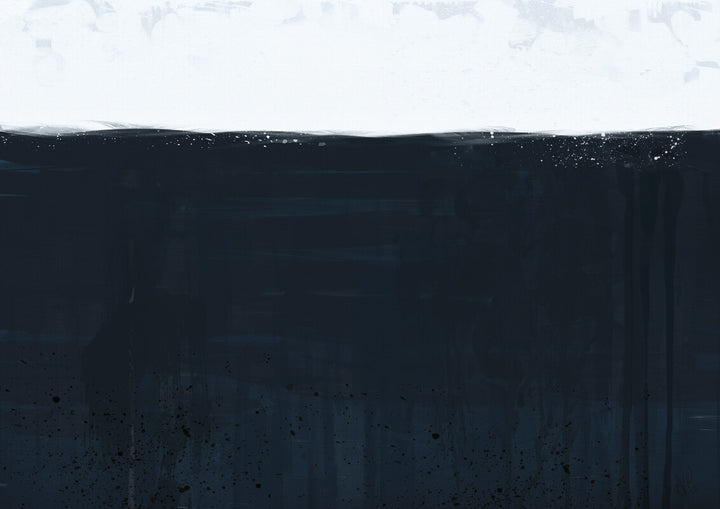 An abstract painting divided horizontally between a light gray upper section and a dark navy lower section with scattered particles.