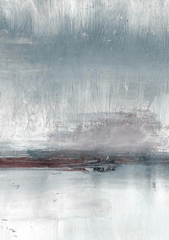 Abstract painting with horizontal layers of white, grey, and dark red-brown tones featuring gestural brushstrokes.