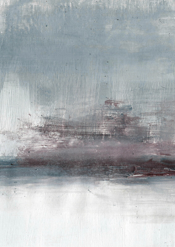 Abstract landscape painting with horizontal layers in white, gray, mauve, and dark teal tones with visible brushstrokes.