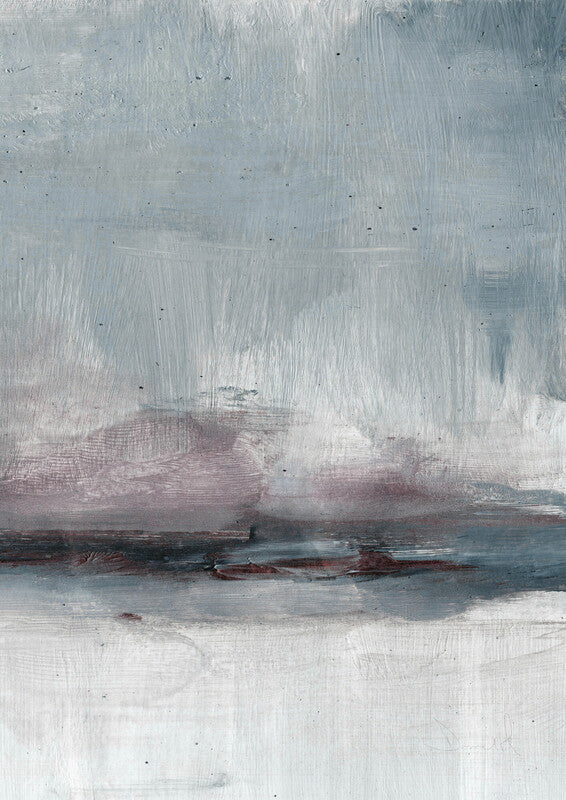 Abstract landscape painting with horizontal bands of grey, white, mauve, and teal featuring gestural brushstrokes and dark speckles.