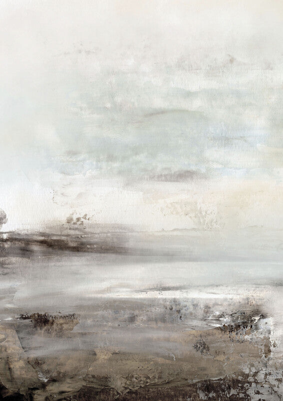 Abstract landscape painting with muted tones of grey, beige, and white depicting a misty waterfront scene.