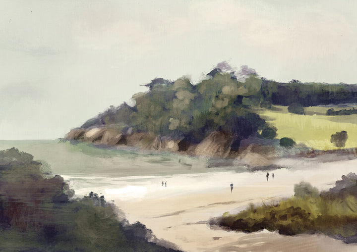 A coastal landscape painting depicting a sandy beach with figures, rocky headland, and green fields under a pale sky in muted earth tones.