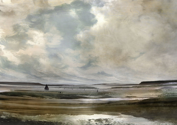 A painted seascape with a sailboat on tidal flats, muted greens and browns, dramatic cloudy sky.