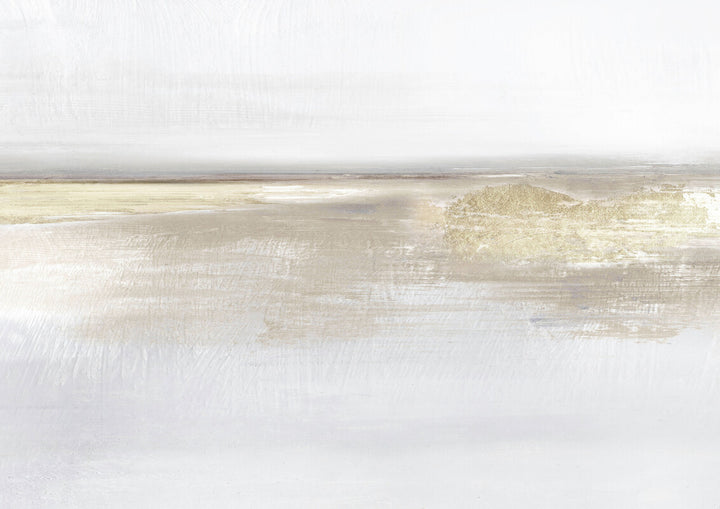 Abstract landscape painting depicting layered terrain with beige, cream, and gold tones beneath a pale sky.