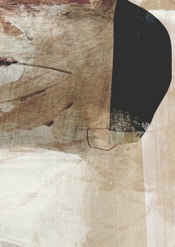 Abstract artwork featuring a black curved form against beige and tan textured backgrounds with linear marks and brushstrokes.