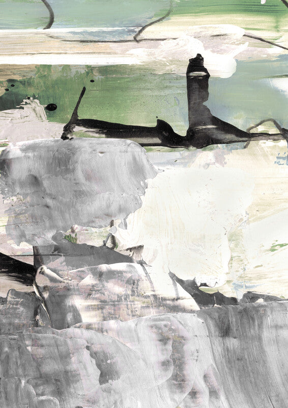 Abstract painting featuring black organic forms against white and green brushstrokes arranged in horizontal layers.