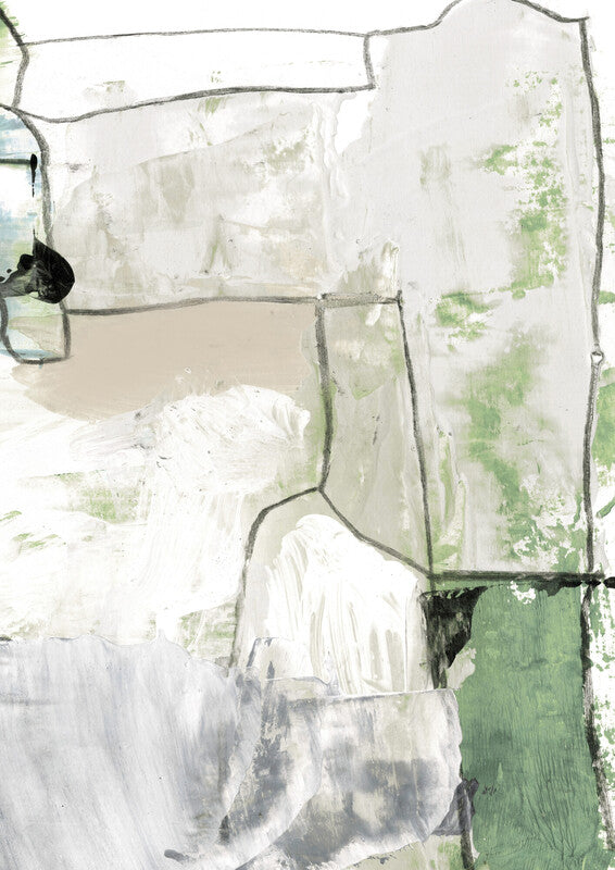 Abstract mixed media artwork featuring geometric sections in white, beige, and green tones with black linear borders.