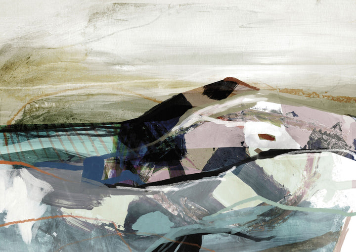 Abstract landscape painting featuring layered horizontal forms in whites, grays, teals, and blacks with gestural brushstrokes.