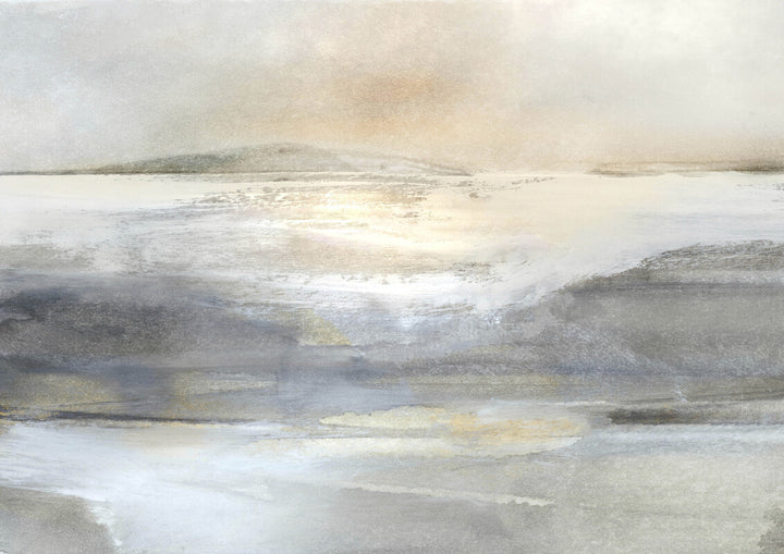 Abstract landscape painting depicting layered terrain with water, rendered in muted tones of gray, white, beige, and soft yellow.