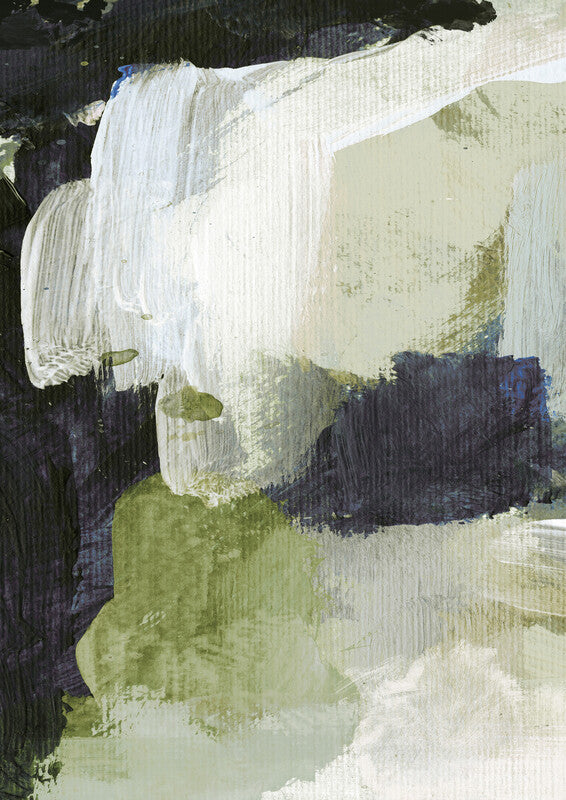 Abstract painting with horizontal brushstrokes in white, cream, olive green, navy blue, and black layered across the canvas.