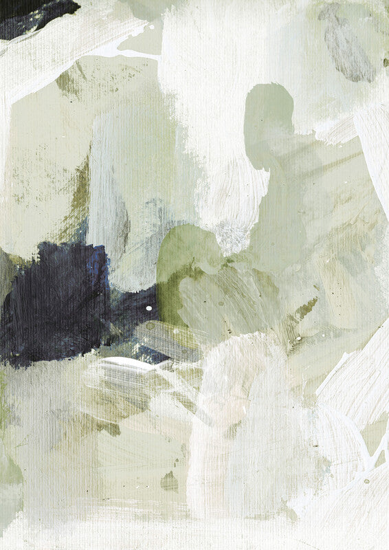 Abstract painting with layered brushstrokes in white, cream, sage green, and dark navy blue creating organic, overlapping forms.