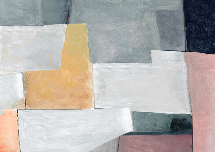 Abstract painting with overlapping rectangular blocks in white, cream, yellow, grey, pink, and dark tones arranged in a geometric composition.