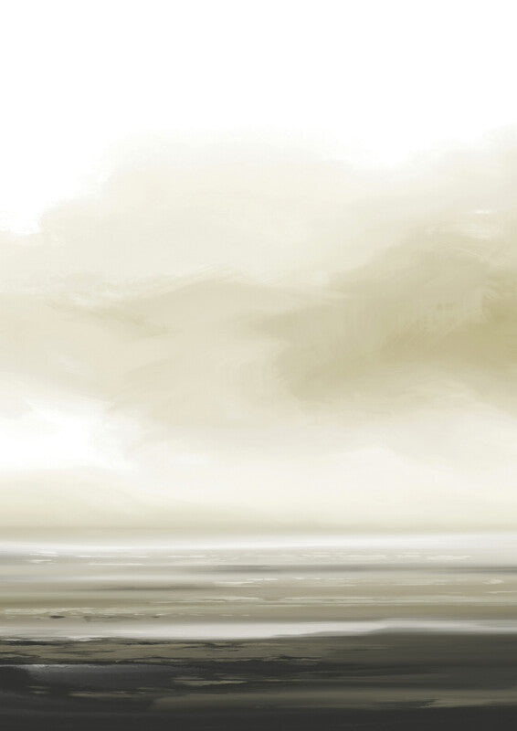 Misty landscape painting depicting layered horizons in muted beige, grey, and dark tones with horizontal composition.