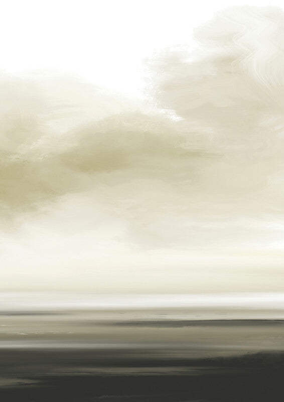 Minimalist landscape showing a dark foreground transitioning to pale sky with soft cream and gray tones.