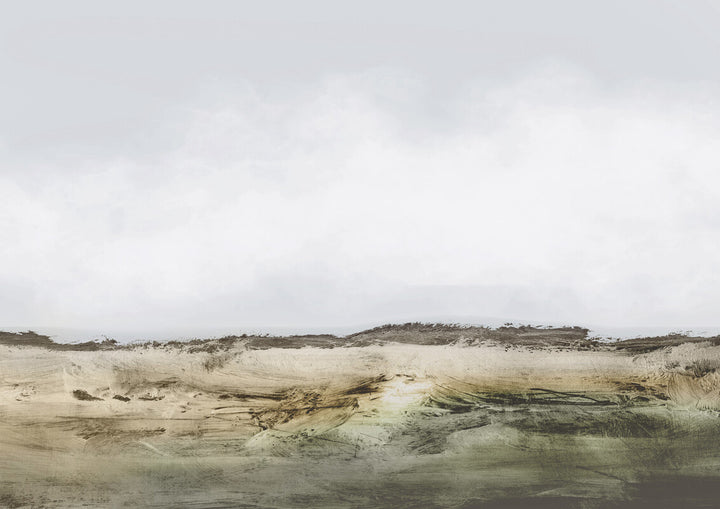 Coastal landscape with sandy beach, driftwood, shallow water, and low vegetation beneath an overcast sky in muted earth tones.