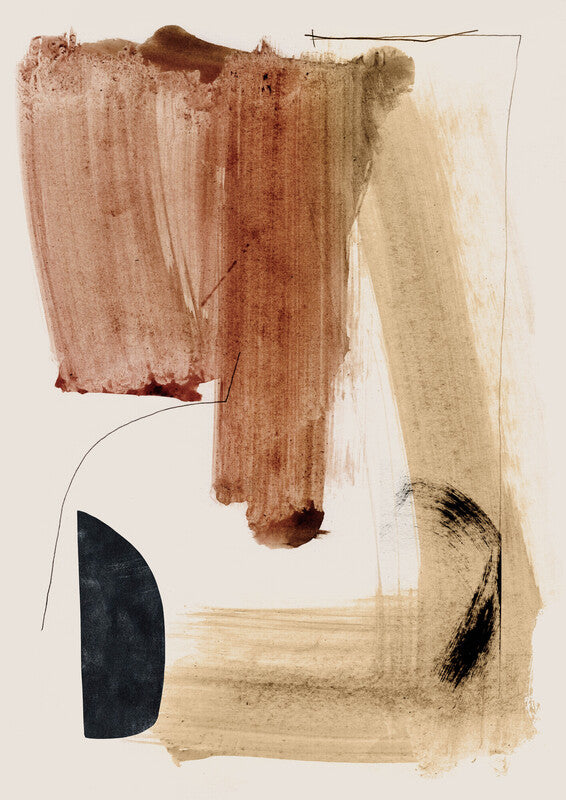 Abstract mixed-media artwork featuring vertical rust and tan brushstrokes with a dark curved form and thin line elements on cream background.