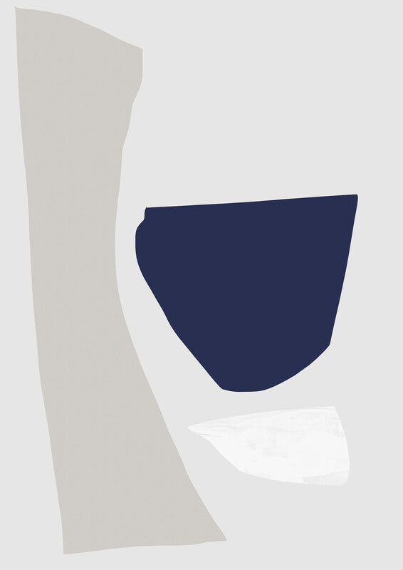 Abstract composition featuring a beige curved form, dark navy blue shape, and white element on light gray background.