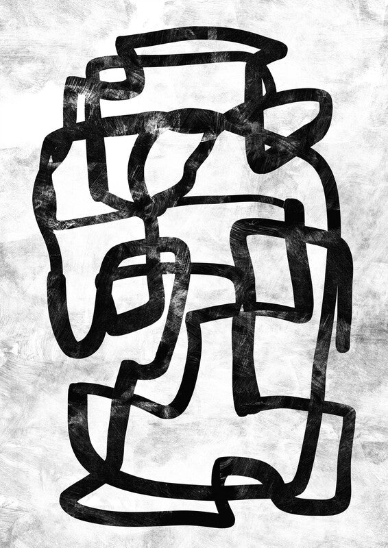 Black interlocking curved lines and rectangular shapes form an abstract composition on a light textured background.