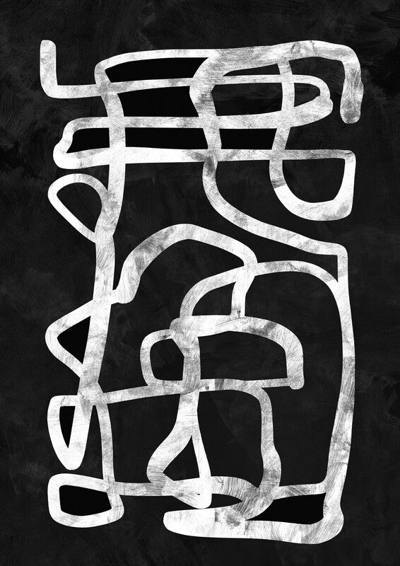 White abstract linear strokes and curved lines form an interlocking geometric composition against a black textured background.