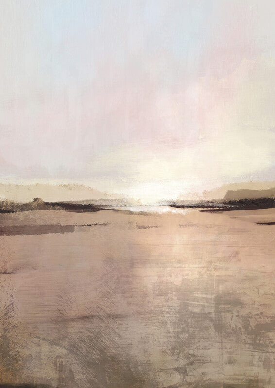 A misty landscape painting depicting a calm body of water at sunrise with soft beige, pink, and grey tones throughout.