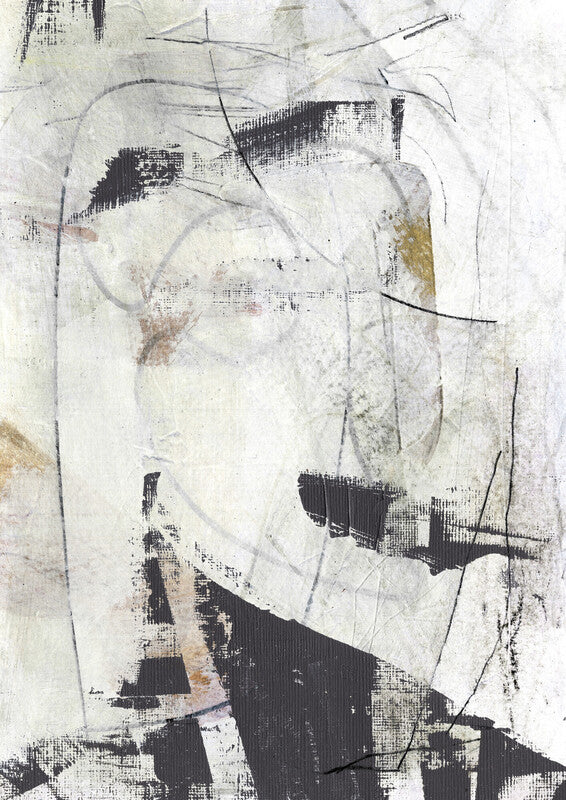 Abstract portrait with gestural black lines and marks on cream and white background with scattered tan and ochre accents.