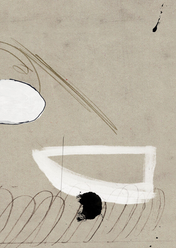 Abstract artwork featuring white curved shapes, black marks, and thin linear elements on a beige textured background.