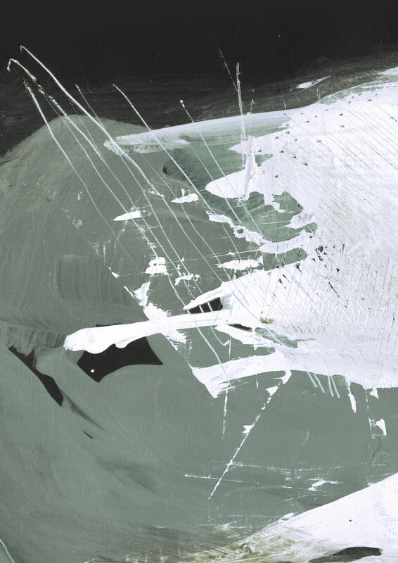 Abstract artwork featuring white gestural marks and lines overlaid on muted green and gray tones with dark accents.