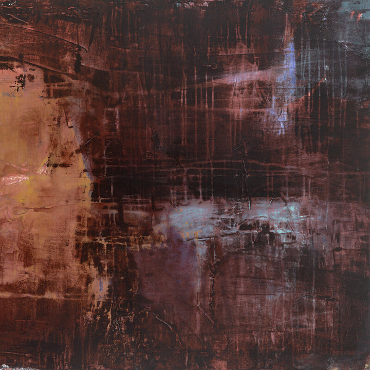 Abstract painting with vertical streaks and layered textures in rust, brown, and blue tones.