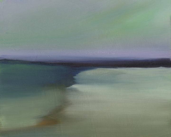 Abstract landscape painting depicting layered horizontal bands of green, blue, purple, and cream tones representing water and sky.