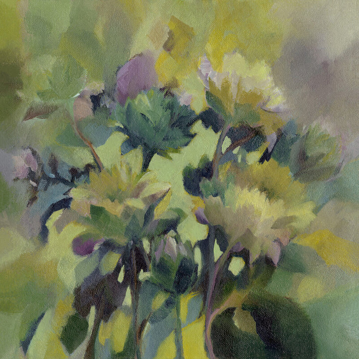 Soft watercolor painting of yellow and purple flowers with green foliage against a muted green and grey background.