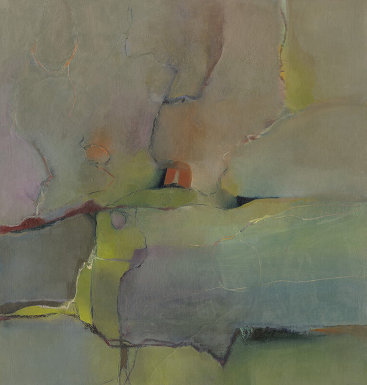 Abstract painting with muted earth tones, soft greens, and ochre accents depicting ambiguous architectural or landscape forms.