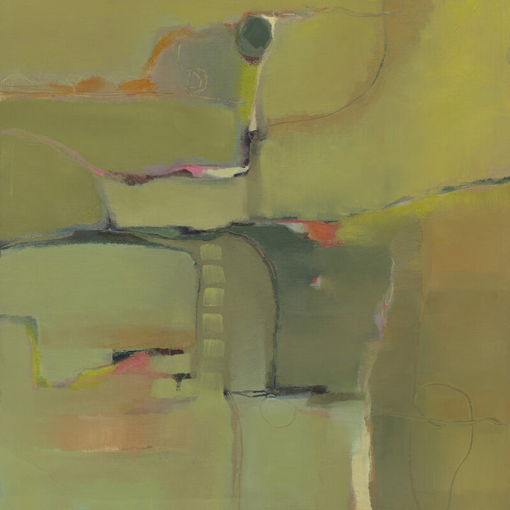 Abstract painting with geometric shapes and intersecting lines in predominantly yellow, green, and muted earth tones.