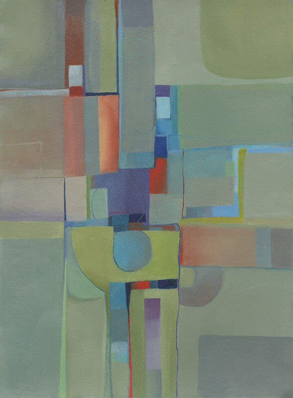 Abstract geometric composition with overlapping rectangles and a circle in muted tones of blue, yellow, green, orange, and gray.