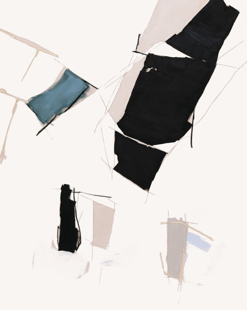 Abstract overhead view of hanging laundry with black, beige, and blue fabrics against a light cream background.