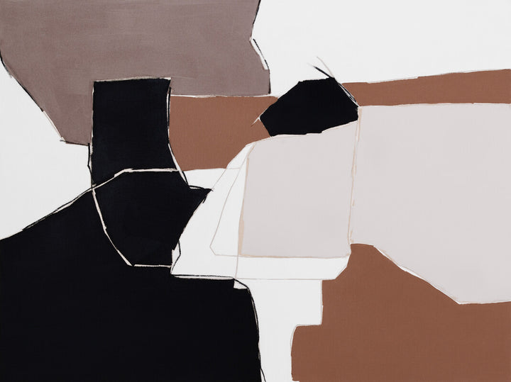 Abstract composition featuring geometric shapes in black, white, brown, and taupe with outlined forms arranged across a light background.