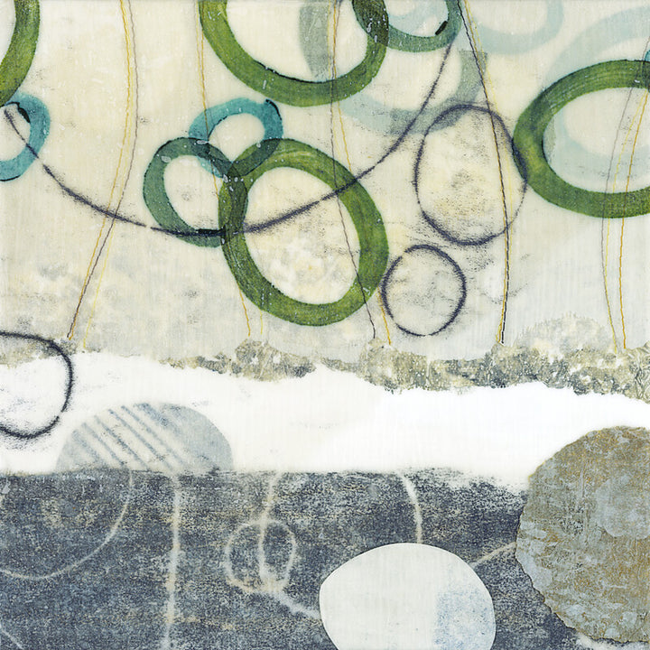 Abstract artwork featuring green circles connected by lines on cream and dark grey backgrounds with textured surfaces.