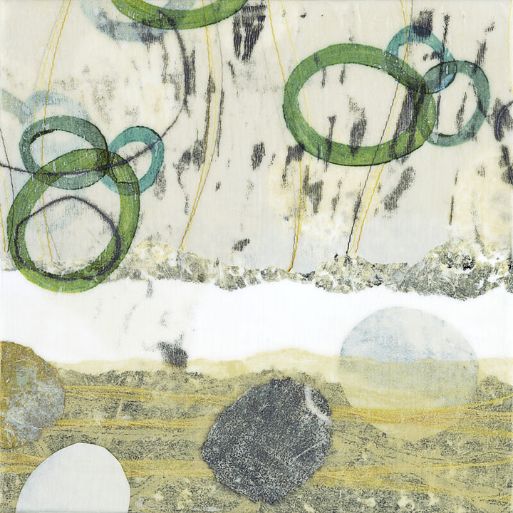 Abstract artwork divided horizontally with green circular forms and linear elements above, and textured landscape with spheres below in greens, yellows, grays and blacks.