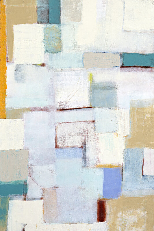 Abstract composition of overlapping rectangular blocks in white, pale blue, beige, teal, and muted earth tones.