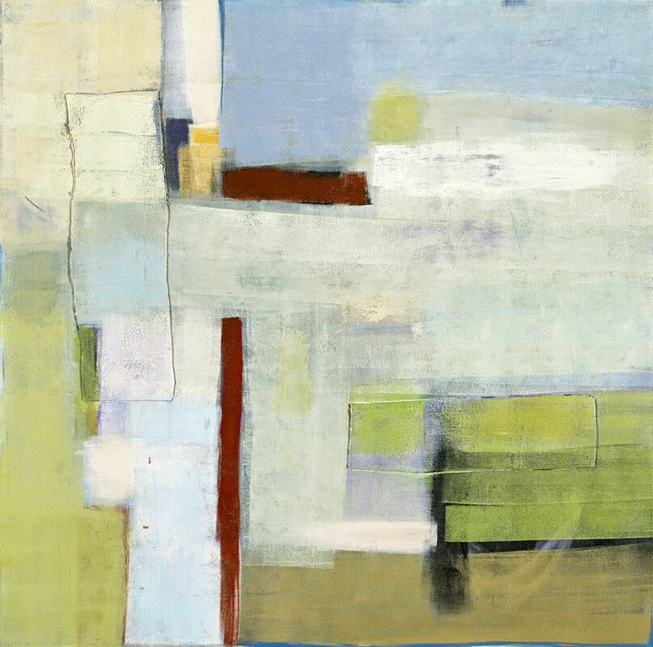 Abstract composition featuring geometric rectangles and horizontal bands in cream, yellow-green, blue, white, and rust-red tones.
