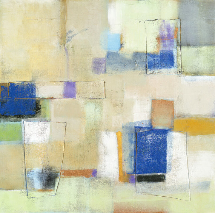 Abstract composition featuring overlapping rectangular forms in blue, yellow, green, orange, and white on a cream-colored background.
