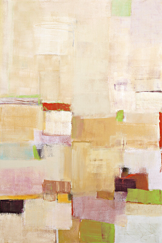 Abstract painting composed of overlapping rectangular forms in cream, beige, pink, green, red, and brown tones on a neutral background.