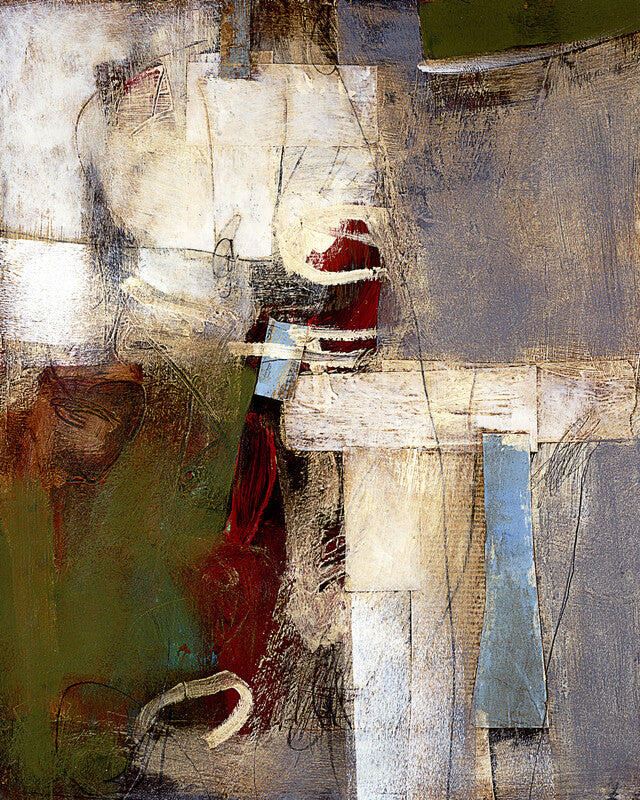 Abstract mixed media artwork featuring geometric shapes in cream, gray, and green with a prominent red vertical form in the center.