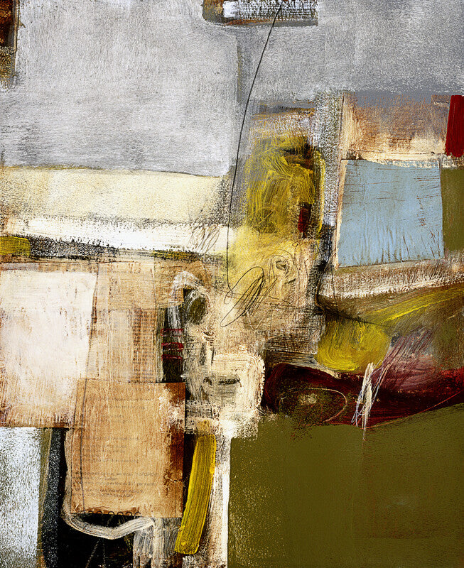 Abstract mixed media artwork featuring layered rectangular forms in white, ochre, yellow, green, and burgundy tones with gestural marks throughout.