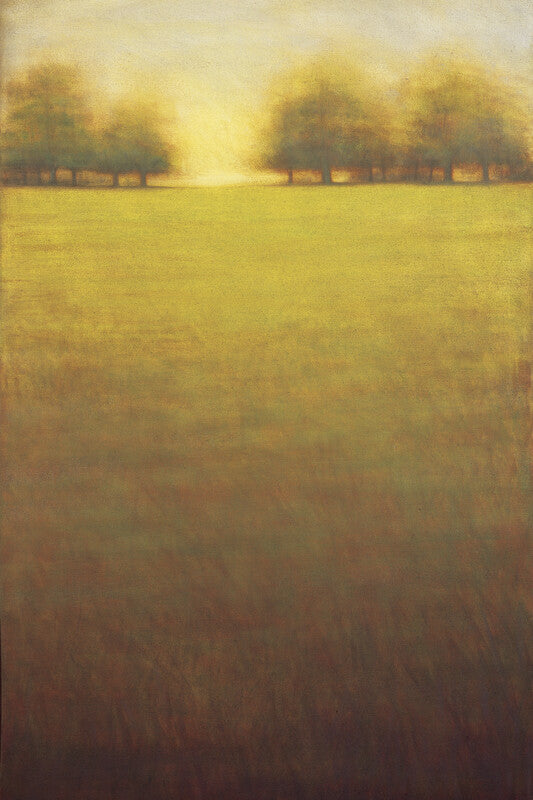 A hazy landscape painting featuring trees along a horizon with golden-yellow sky transitioning to brown earth tones below.
